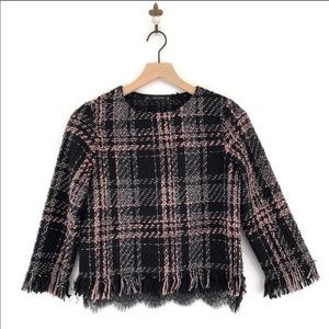 Zara frayed trim tweed top black